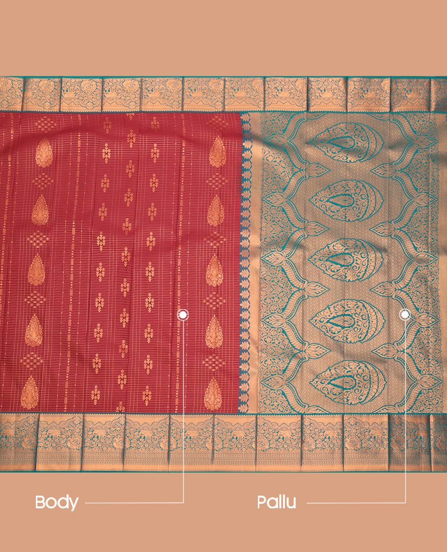Maroon Budget Silk Saree, Mesmerized with Zari Buttas and Checks, Complemented by a Contrast Traditional Zari Border, Grand Pallu, and a Contrast Blouse
