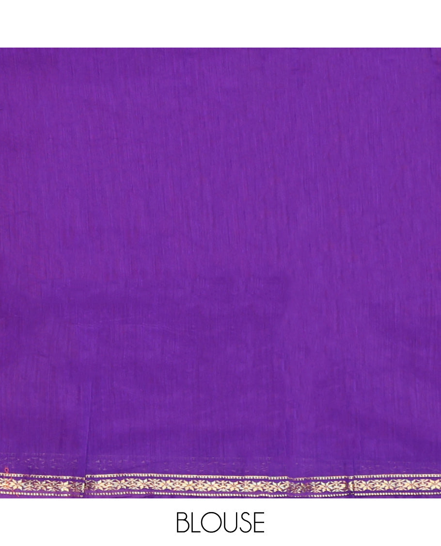 Orange Maheshwari Cotton Saree, Woven with Buttas All Over Its Body, Subtle Zari Piping Border, Complemented by a Contrast Pallu Steeped with Buttas, and Paired with a Contrast Blouse