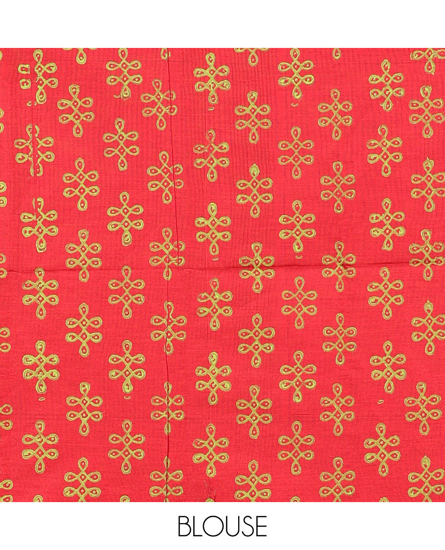 Borderless Green Poly Cotton Saree, Accentuated with Instrument Motifs Print, a Self-Pallu, and a Contrast Kolam Motifs Print Blouse