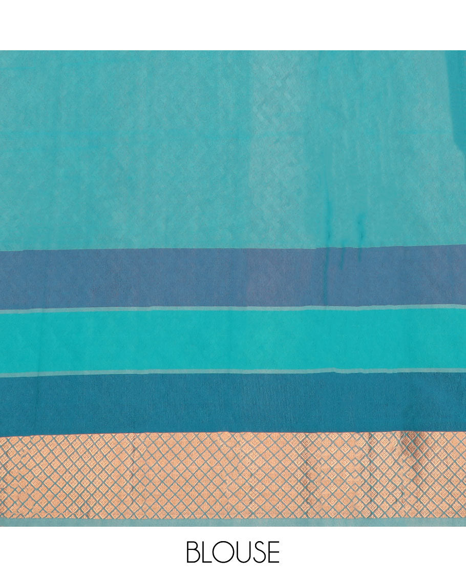 Peach leaf motifs kora cotton saree with contrast zari design border & pallu of intricate zari design