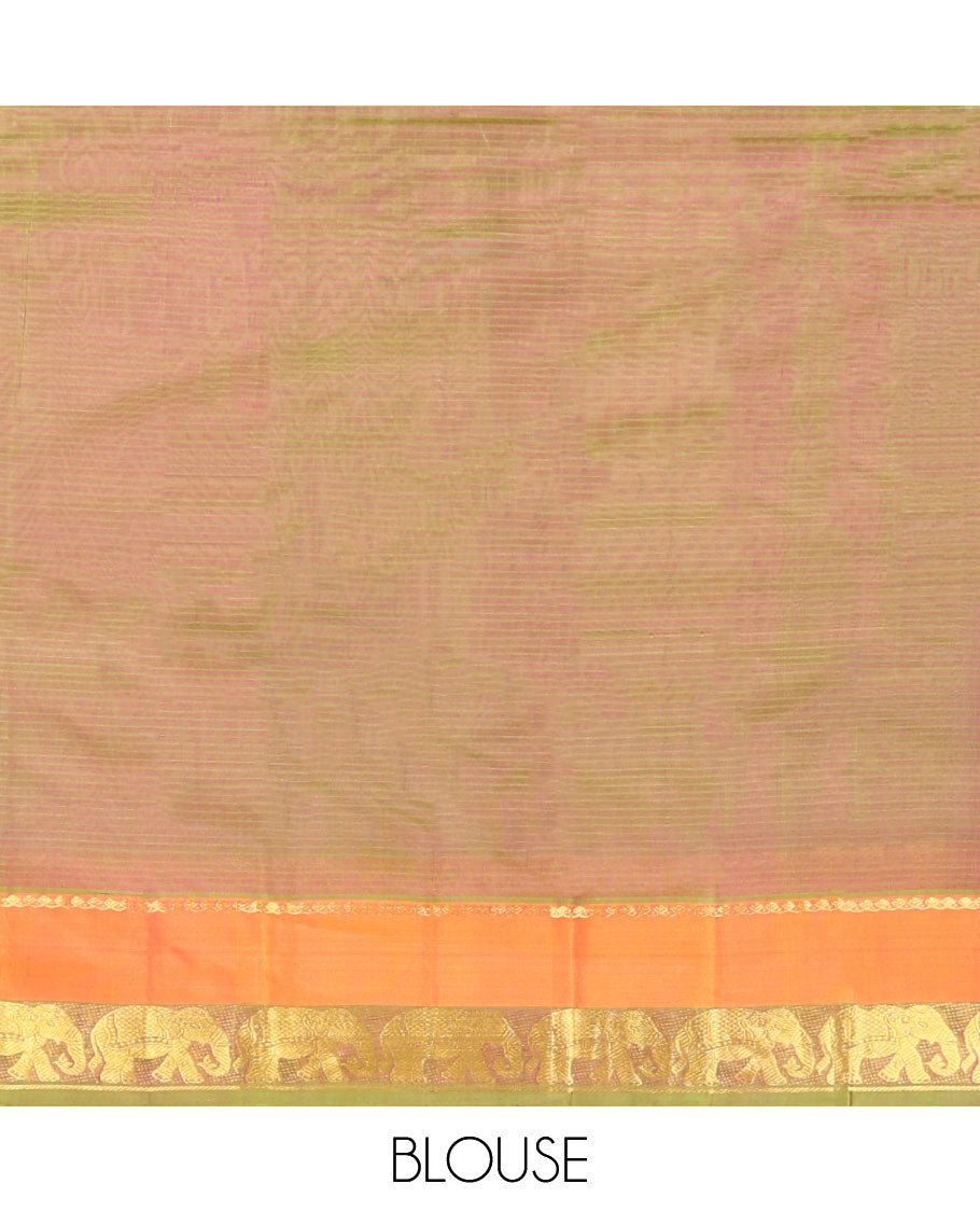 Purple striped kancheepuram silk saree with contrast border of thilakam mokku, yanaai design & zari design pallu