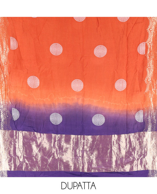 Dark Purple Semi Silk Material Churidar Set, Subtly Made Plain Top, a Plain Santoon Bottom, and Is Paired with a Dual-Colored Bandhani Motifs Semi Silk Dupatta