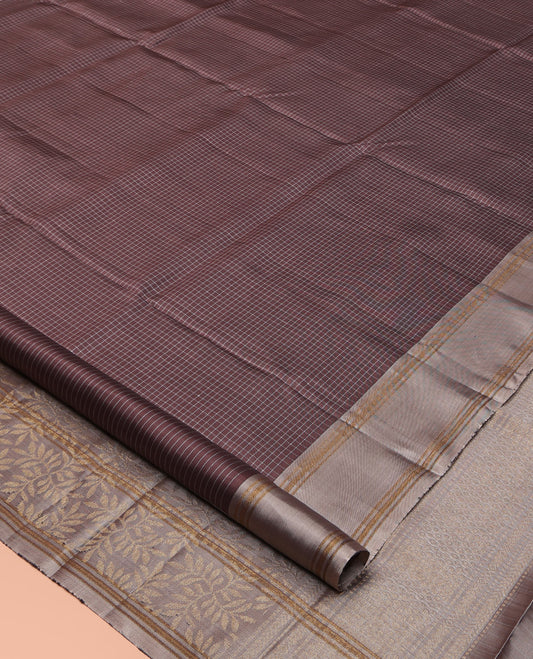 Brown Mayuri Lite Silk Mix Saree, Detailed with Micro-Checked All Over Its Body, Complemented by a Contrast Rettai Pettu Border, Pallu of Floral Designs, and Paired with a Contrast Blouse
