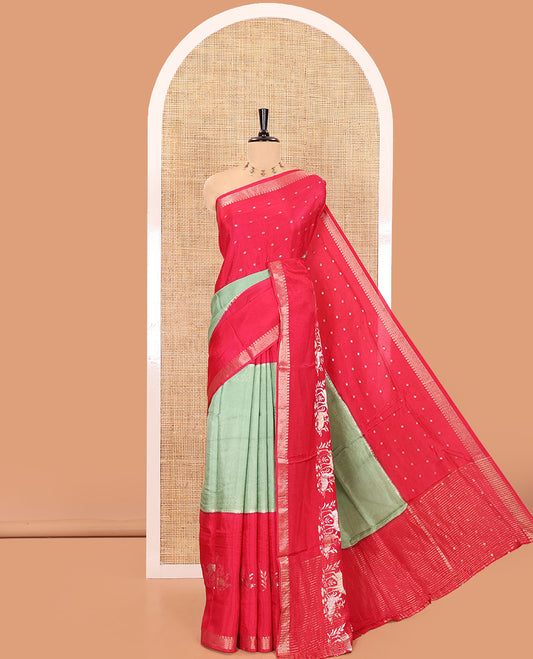 Rani pink and green three-part, uniquely woven Russian silk saree features zari buttas and deer motifs, traditional motifs border, striped pallu, and a contrast buttas blouse
