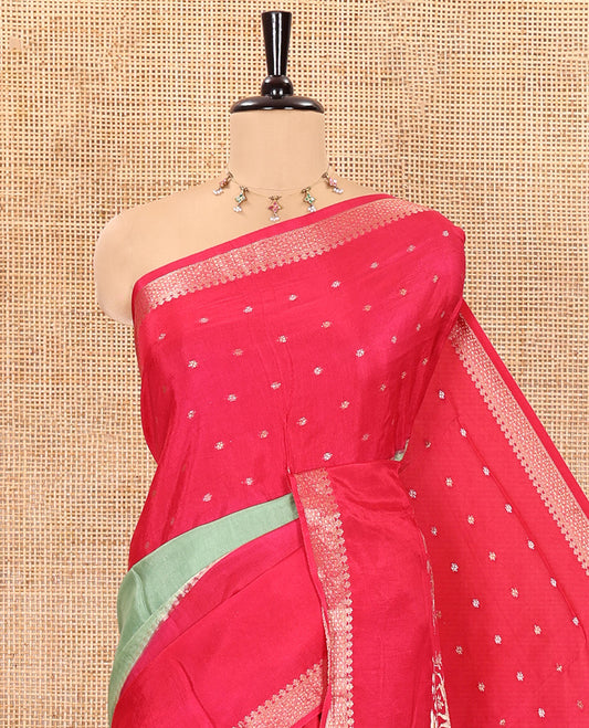 Rani pink and green three-part, uniquely woven Russian silk saree features zari buttas and deer motifs, traditional motifs border, striped pallu, and a contrast buttas blouse