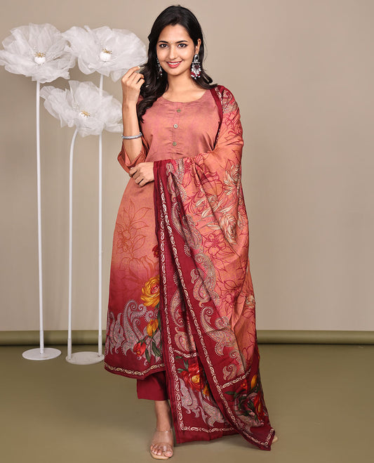 Peach Ready-Made Rayon Suit, Woven with Embroidered Round-Neckline, 3/4 Sleeves, and a Straight-Cut Top, Paired with Straight-Cut Pants and a Contrast Floral Vine Printed Dupatta