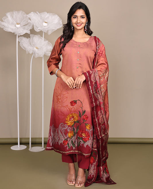 Peach Ready-Made Rayon Suit, Woven with Embroidered Round-Neckline, 3/4 Sleeves, and a Straight-Cut Top, Paired with Straight-Cut Pants and a Contrast Floral Vine Printed Dupatta
