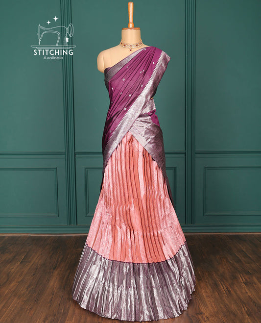 Pink jacquard art-silk half-saree, contrast traditional zari design border, jacquard blouse & intricate dupatta