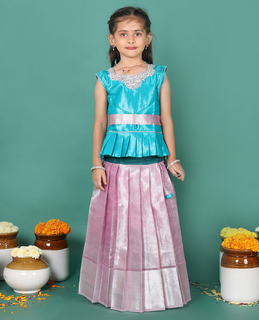 Pink readymade art silk pavadai, jacquard & traditional zari border skirt, & embroidered sleeveless round-neck blouse with contrast zari work belt
