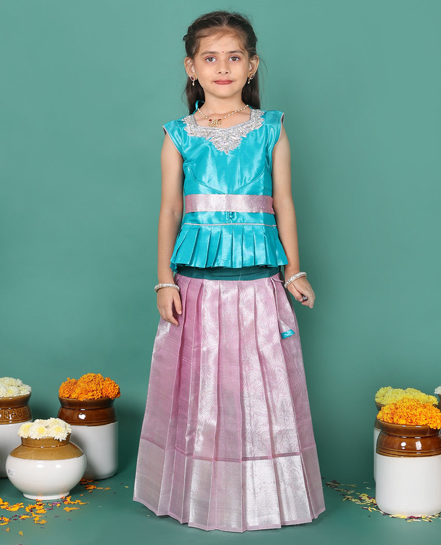 Pink readymade art silk pavadai, jacquard & traditional zari border skirt, & embroidered sleeveless round-neck blouse with contrast zari work belt