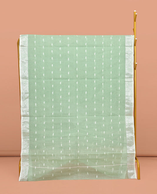 Pale Green Bengal Cotton Saree, Showcasing Buttas All Over Its Body, Complemented by a Contrast Paisley Zari Design Border, Pallu of Stripes, and Paired with a Matching Blouse