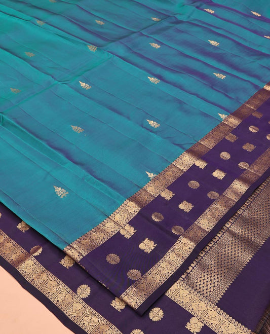Blue Vasundhara Lite Silk Mix Saree, Entralled with Zari Buttas All Over Its Body, Complemented by Contrast Border of Mayil and Chakram Designs, Pallu of Checked Design, and Paired with a Contrast Blouse