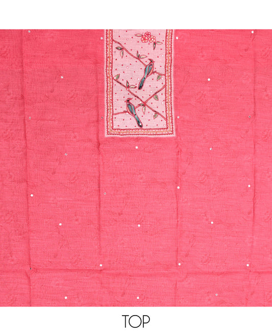 Pink  Material Chudidar Set, Artfully Detailed with Mirror Work and Floral-Bird Print and Embroidered Neck Work Lilan Cotton Top, a Plain Rayon Bottom, and Paired with a Contrast Floral-Bird-Printed Lilan Cotton Dupatta