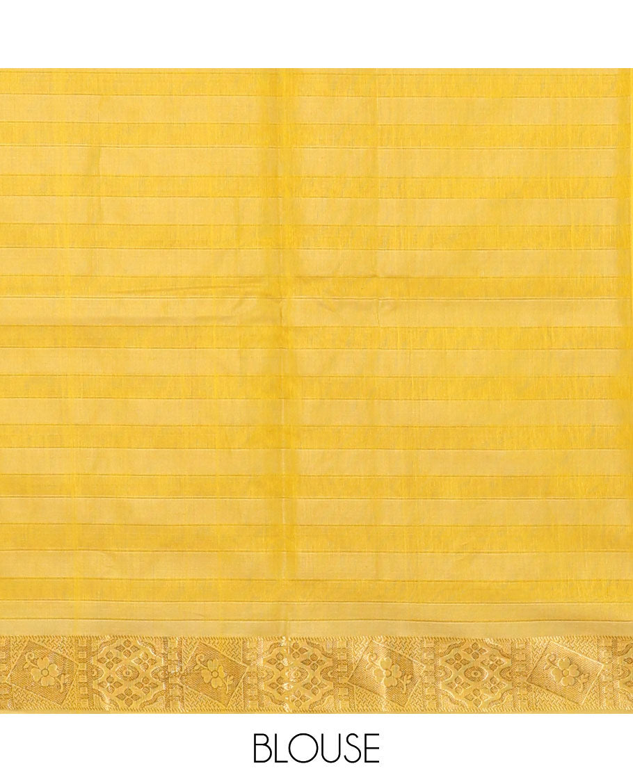 mustard striped, floral motifs silk cotton saree with self zari border & floral vine design pallu