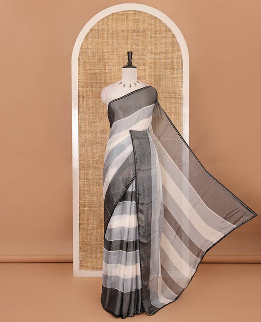 Grey horizontal stripes printed lassi cotton saree, lace border & contrast buttas woven blouse