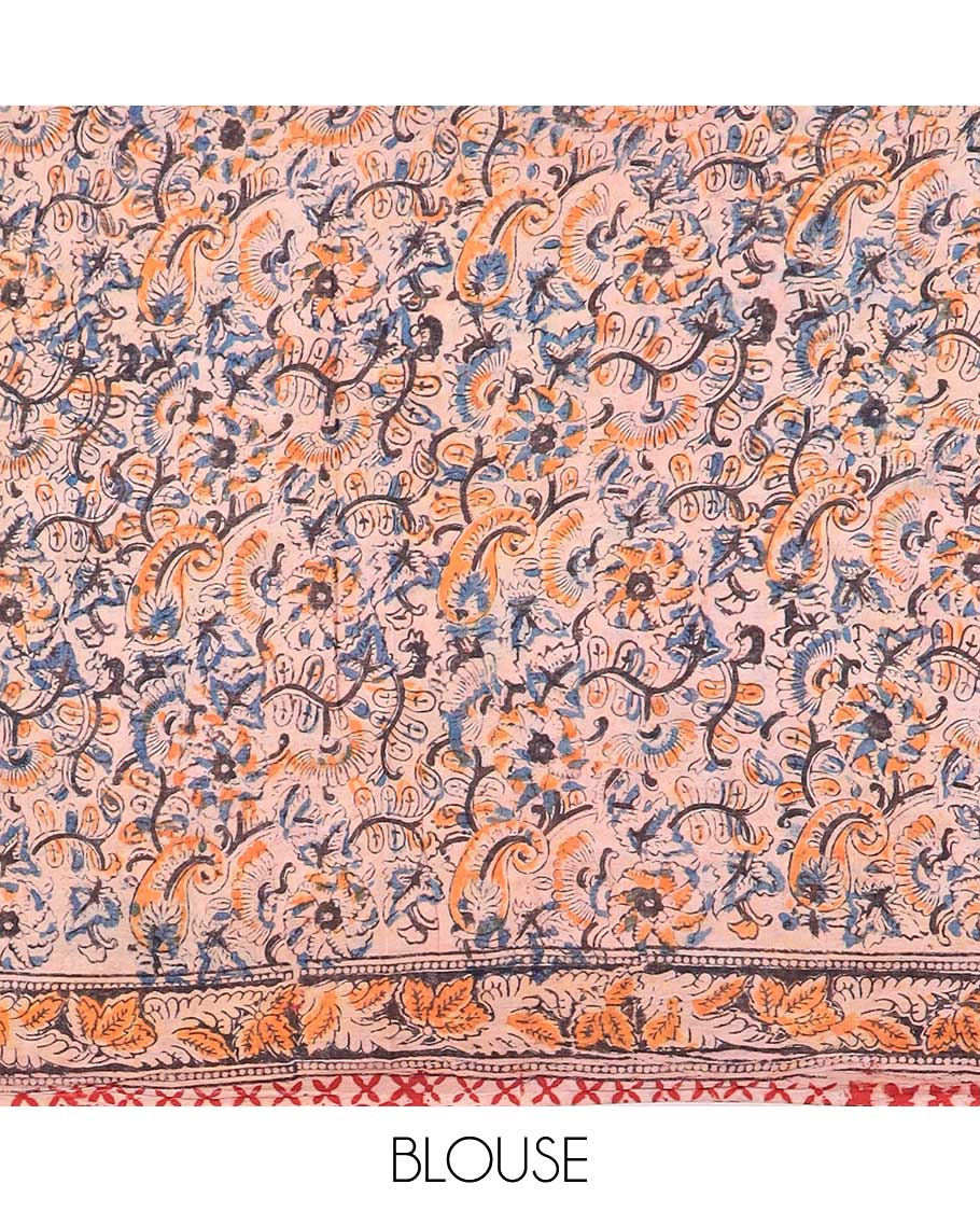 Multi-color floral design machine-printed kalamkari cotton saree with contrast floral border & intricated pallu design