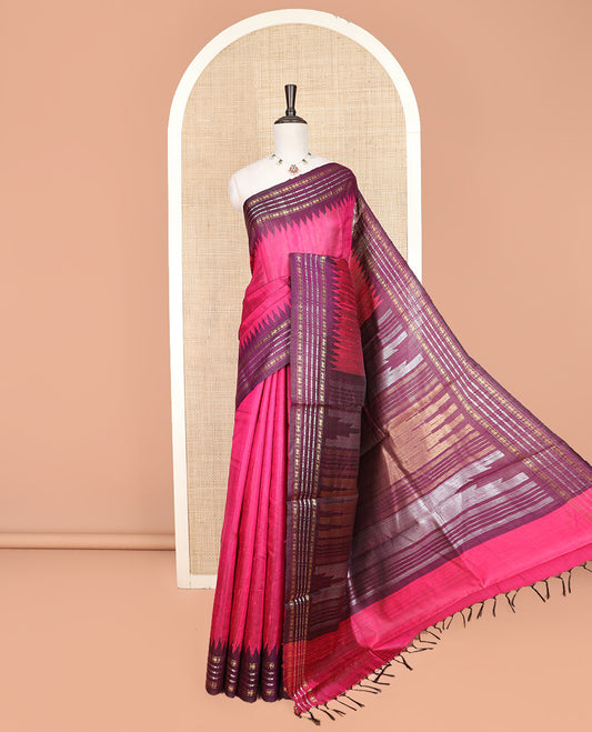 Pink Plain Dupion Silk Saree, Complemented by a Contrast Temple Border of Geometric Patterns in Thread Woven, a Zari-Rich Pallu of Temple Designs, and Paired with a Contrast Blouse