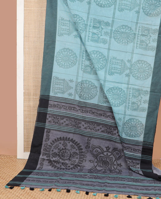 Sea blue intricate design ikkat cotton saree with contrast border & floral design pallu