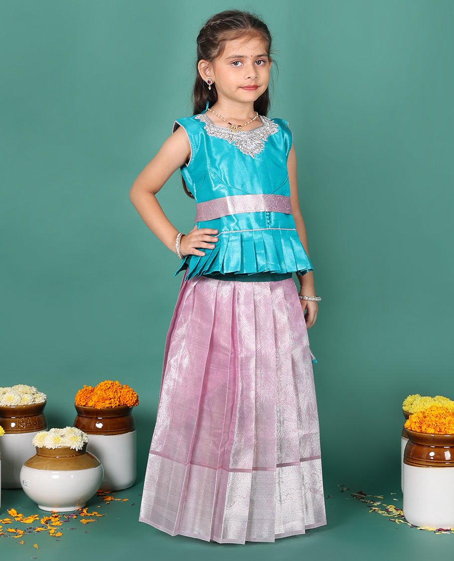 Pink readymade art silk pavadai, jacquard & traditional zari border skirt, & embroidered sleeveless round-neck blouse with contrast zari work belt