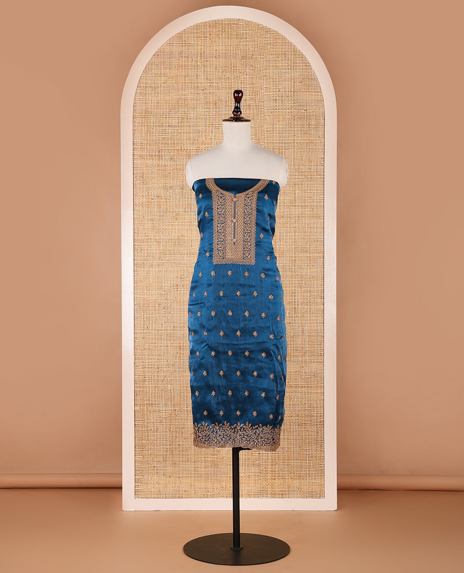 Blue chudidar material set, floral design thread embroidered Burberry top, floral-themed embroidered Burberry dupatta & plain Santoon bottom