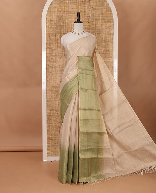 Borderless sandal-light green plain ombre-colored tissue saree, plain pallu & circle motifs printed blouse