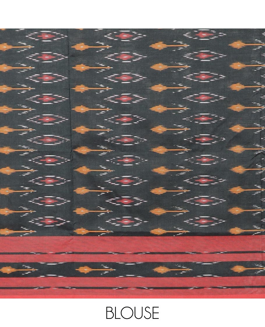 Black floral design ikkat cotton saree with contrast floral border & geometric design pallu