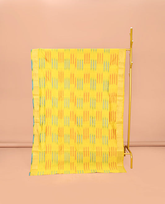 Yellow-Blue Poly Cotton Saree, Subtly Sparkled with Buttas all over its Body, a Subtle Border, Complemented by Contrast Pallu of Stripes, and Paired with a Contrast Blouse