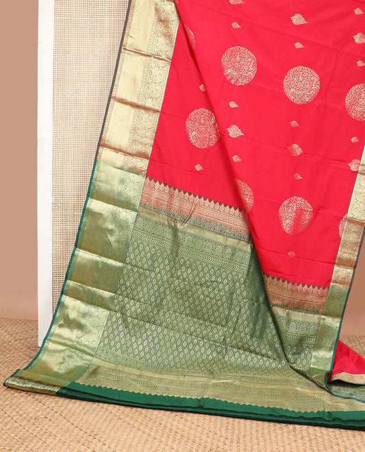 Red round motifs gift saree with contrast traditional zari design border & ogee design pallu