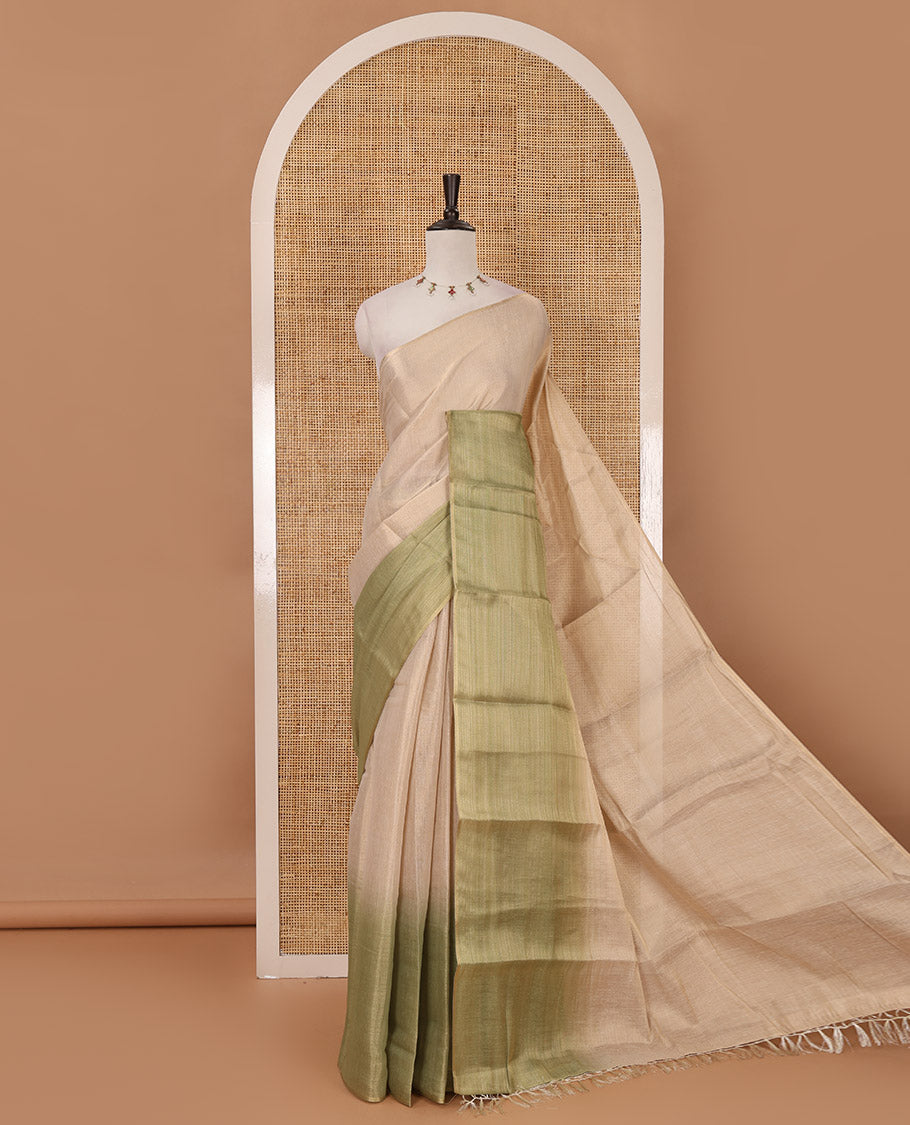 Borderless sandal-light green plain ombre-colored tissue saree, plain pallu & circle motifs printed blouse