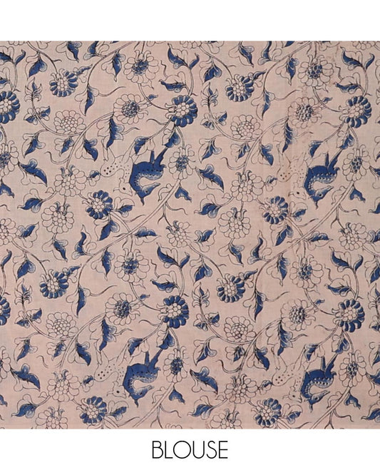 Red floral vine design machine-printed kalamkari cotton saree with contrast floral design border & peacock , floral design pallu