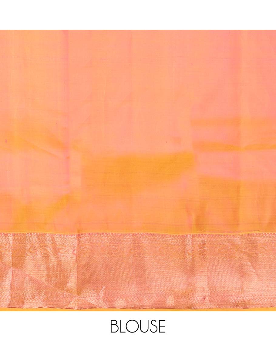 Pink floral jacquard kancheepuram silk saree with contrast checked zari border & intricate zari design pallu