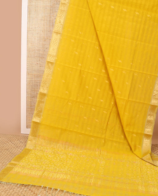 mustard striped, floral motifs silk cotton saree with self zari border & floral vine design pallu