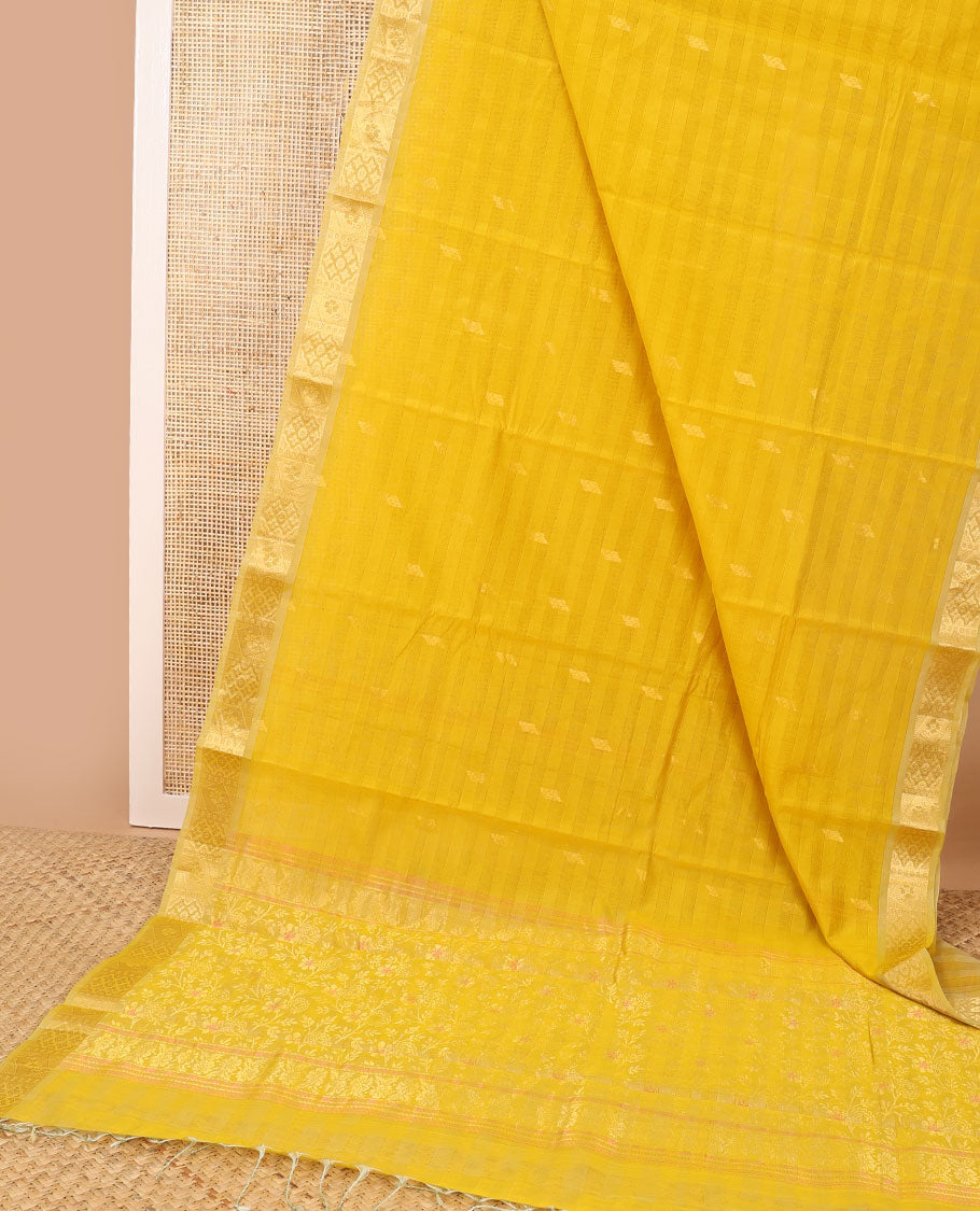 mustard striped, floral motifs silk cotton saree with self zari border & floral vine design pallu