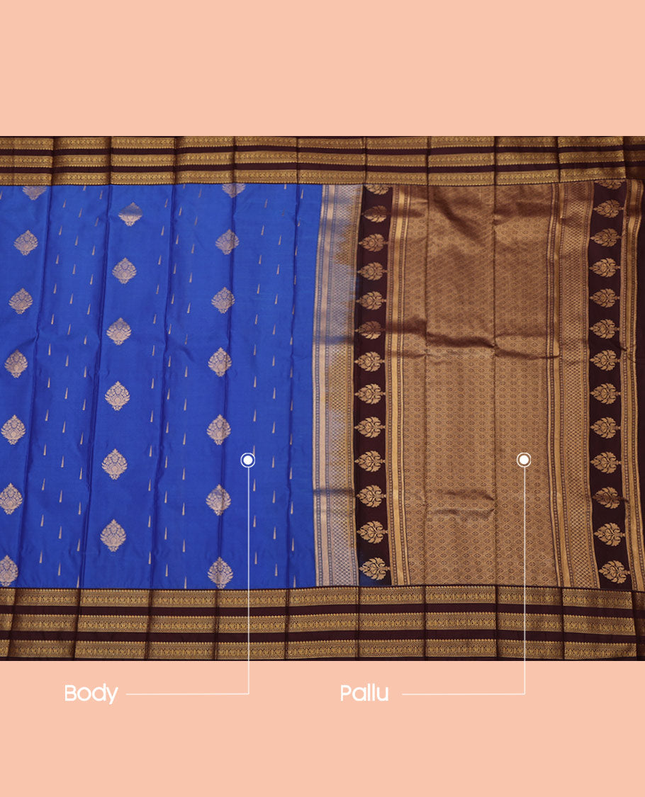 Royal Blue Budget Silk Saree, Decked Up with Zari Buttas on Its Body, Complemented by a Contrast Traditional Zari Border, Grand Jaal Pallu, and Paired with a Contrast Blouse