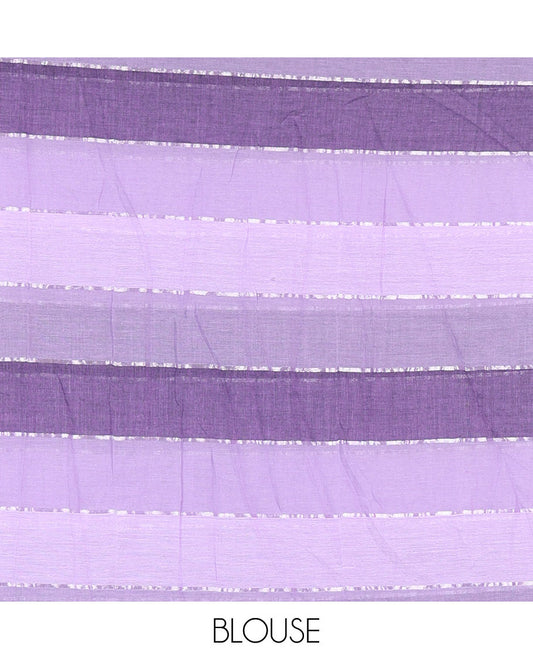 Violet ombre-colored striped khadi mul cotton saree, zari piping border, striped pallu, and a matching striped blouse