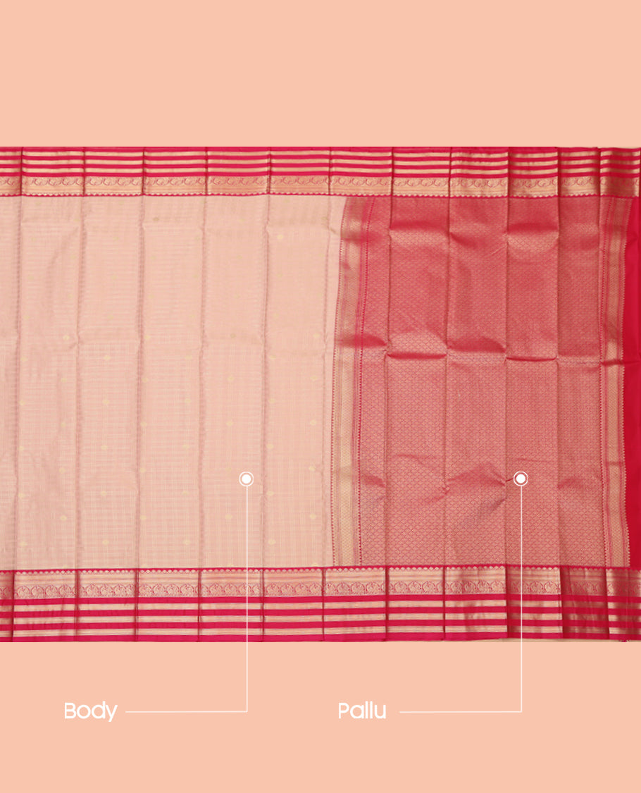 Pale Pink Budget Silk Saree, Sparsely Woven with Zari Buttas and Checks, a Contrast Traditional Zari Border, Jaal Pallu, and a Contrast Blouse