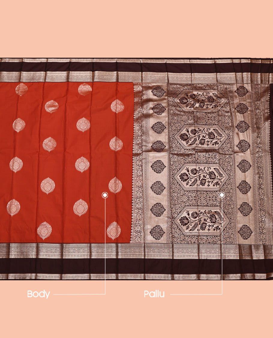 Rust Orange Budget Silk Saree, Gleamed Up with Zari Buttas All Over Its Body, Complemented by a Contrast Traditional Zari Design Rettai Pettu Border, Grand Pallu, and Paired with a Contrast Blouse