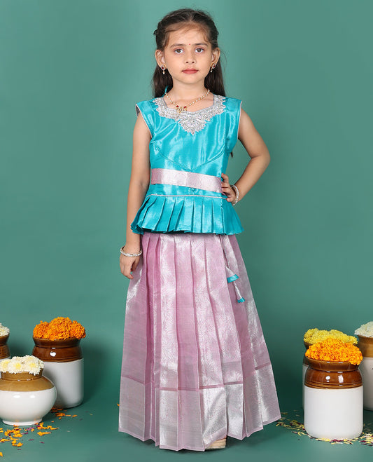 Pink readymade art silk pavadai, jacquard & traditional zari border skirt, & embroidered sleeveless round-neck blouse with contrast zari work belt