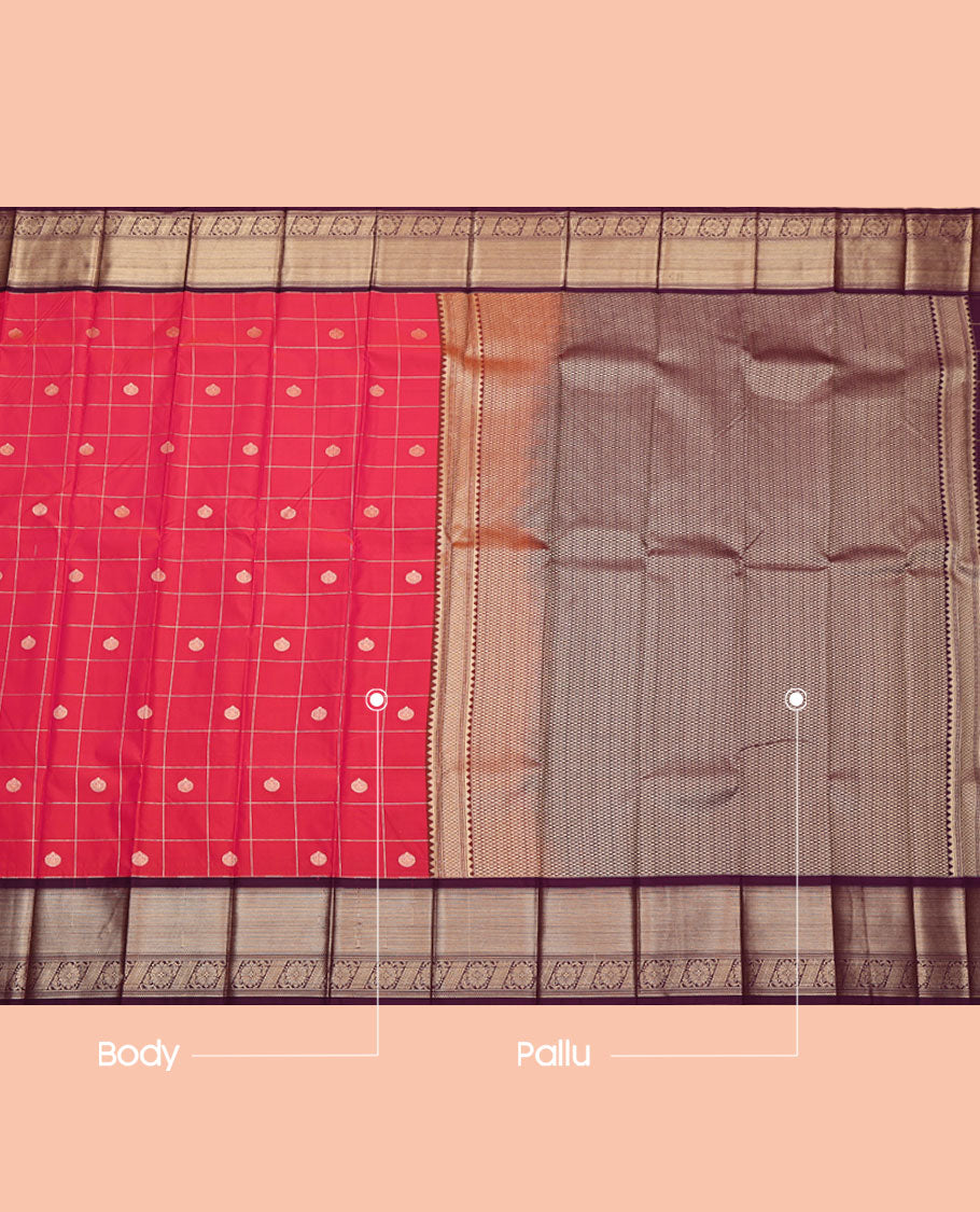 Red Budget Silk Saree, Featuring Zari Butta Enclosed Checks, Contrast Traditional Zari Border, Grand Jaal Pallu, and a Contrast Blouse