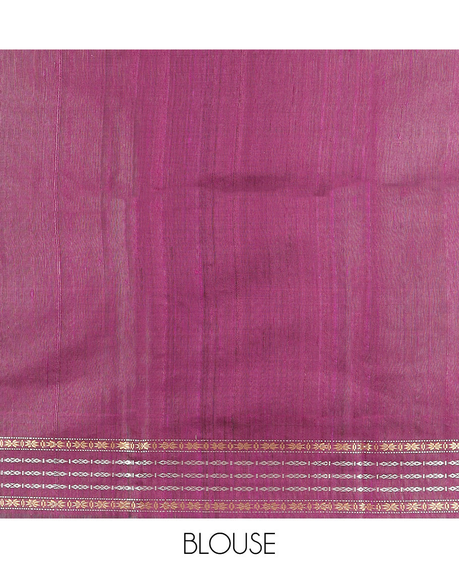 Pink Plain Dupion Silk Saree, Complemented by a Contrast Temple Border of Geometric Patterns in Thread Woven, a Zari-Rich Pallu of Temple Designs, and Paired with a Contrast Blouse