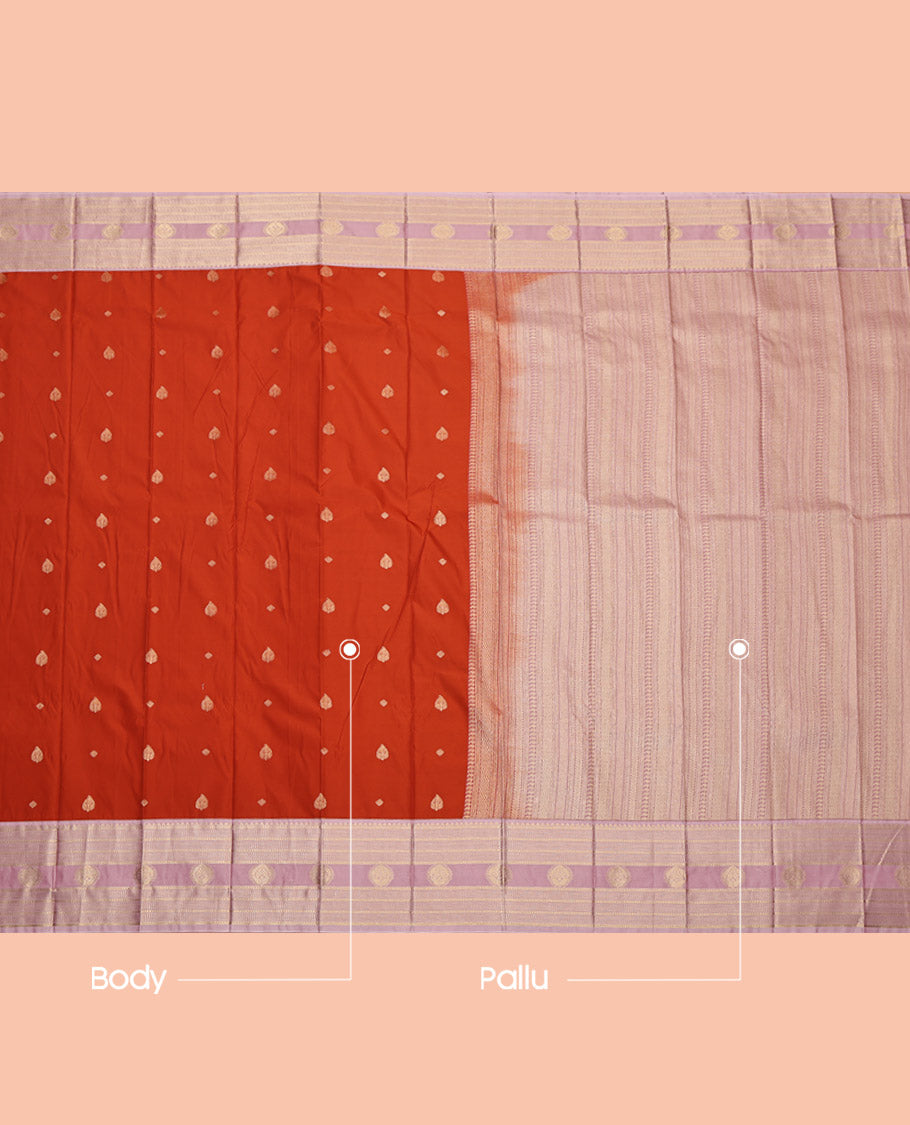 Rust Budget Silk Saree, Woven with Zari Buttas, Complemented by Contrast Traditional Design Zari Border, Grand Pallu and a Contrast Blouse