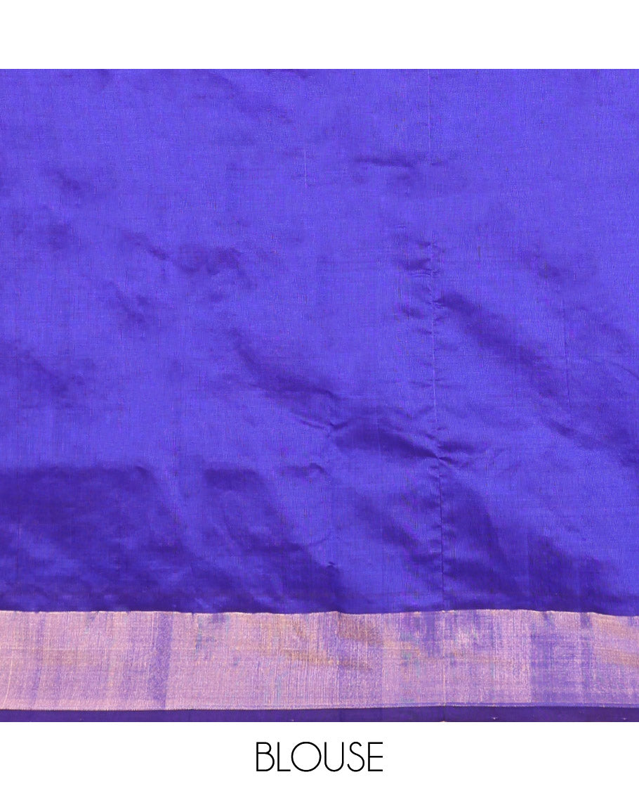 Yellow-Blue Poly Cotton Saree, Subtly Sparkled with Buttas all over its Body, a Subtle Border, Complemented by Contrast Pallu of Stripes, and Paired with a Contrast Blouse