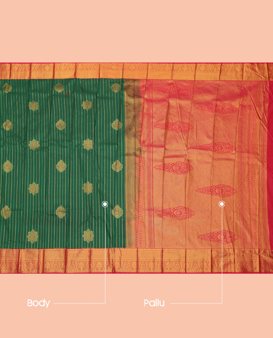 Green Budget Silk Saree, Graced with Zari Buttas and Stripes, a Contrast Traditional Zari Border, Grand Jaal Pallu, and a Contrast Blouse