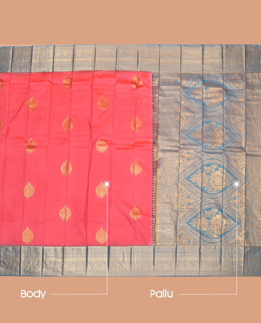 Peach Budget Silk Saree, Spotlighted with Zari Buttas, Complemented by a Contrast Traditional Border, Grand Pallu, and a Contrast Blouse