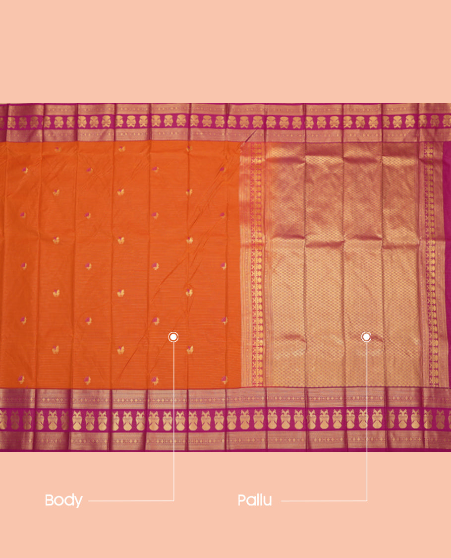 Orange Budget Silk Saree, Spotlighted with Horse Buttas and Stripes, a Contrast Traditional Iruthalai Pakshi Zari Border, a Jaal Pallu and a Contrast Blouse