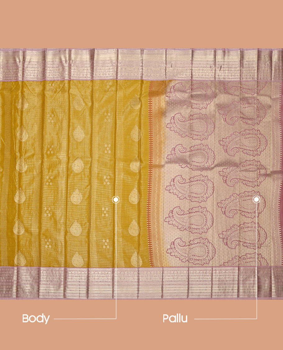 Yellow Budget Silk Saree, Subtly Sparkled with Zari Buttas and Stripes on Its Body, Complemented by a Contrast Traditional Zari Design Border, Paisley Design Pallu, and Paired with a Contrast Blouse