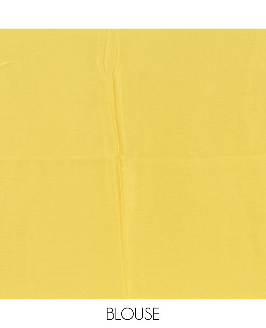 Cream base digital printed satin crepe saree with big yellow floral motifs all over the saree, plain yellow border & blouse
