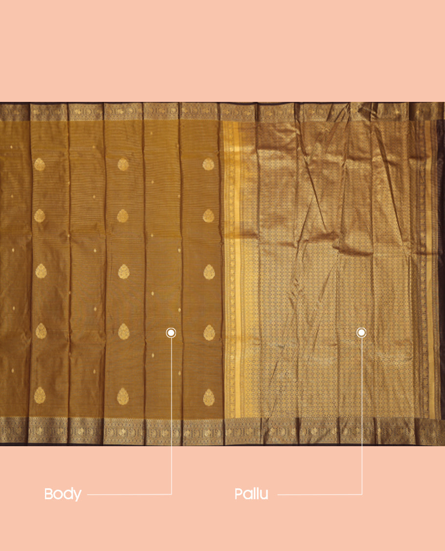 Gold Budget Silk Saree Features Zari Buttas and Stripes, Complemented by Contrast Traditional Zari Border, a Jaal Pallu and a Contrast Blouse