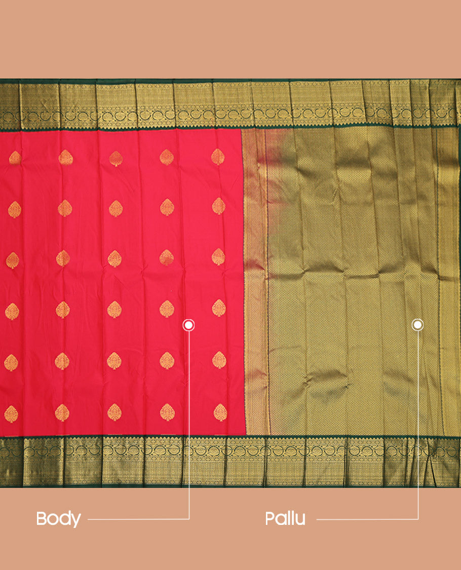 Red Budget Silk Saree, Mesmerized with Zari Buttas, Captivating Contrast Traditional Zari Design Border, Grand Pallu, and a Contrast Blouse