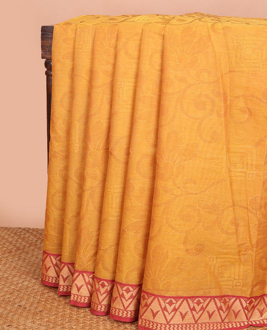 Mustard floral-geometric design Combatiore cotton saree, contrast geometric border & contrast paisley design pallu